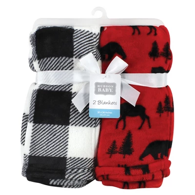 Hudson Baby Unisex Baby Silky Plush And Coral Fleece Blanket, Red Moose Bear, 30x36 Inches