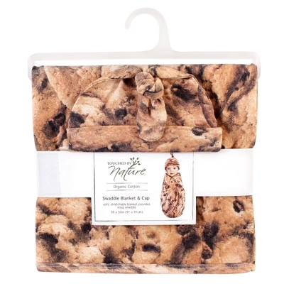 Touched By Nature Unisex Baby Organic Cotton Swaddle Blanket And Cap, Cookie, 0-6 Months