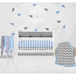 Bacati - Ikat Dots Zebra Blue Grey Muslin Boys 8 Pc Crib Set With Crib Rail Guard