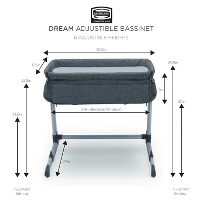 Simmons Kids' Dream Bedside Baby Bassinet Sleeper With Breathable Mesh And Adjustable Heights - Lightweight Portable Crib - Gray - Image 6