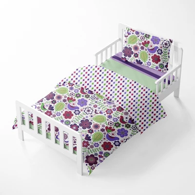 Bacati - Botanical Floral Birds Purple Multicolor 4 Pc Toddler Bedding Set - Image 2